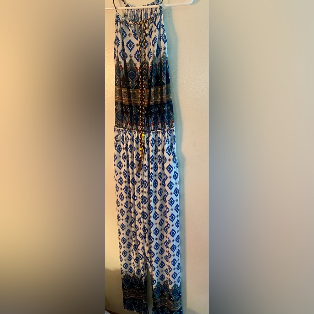 Boho Indie Diamond Print Braided Tassel Tie Elastic Waist Maxi Jumpsuit L/XL
